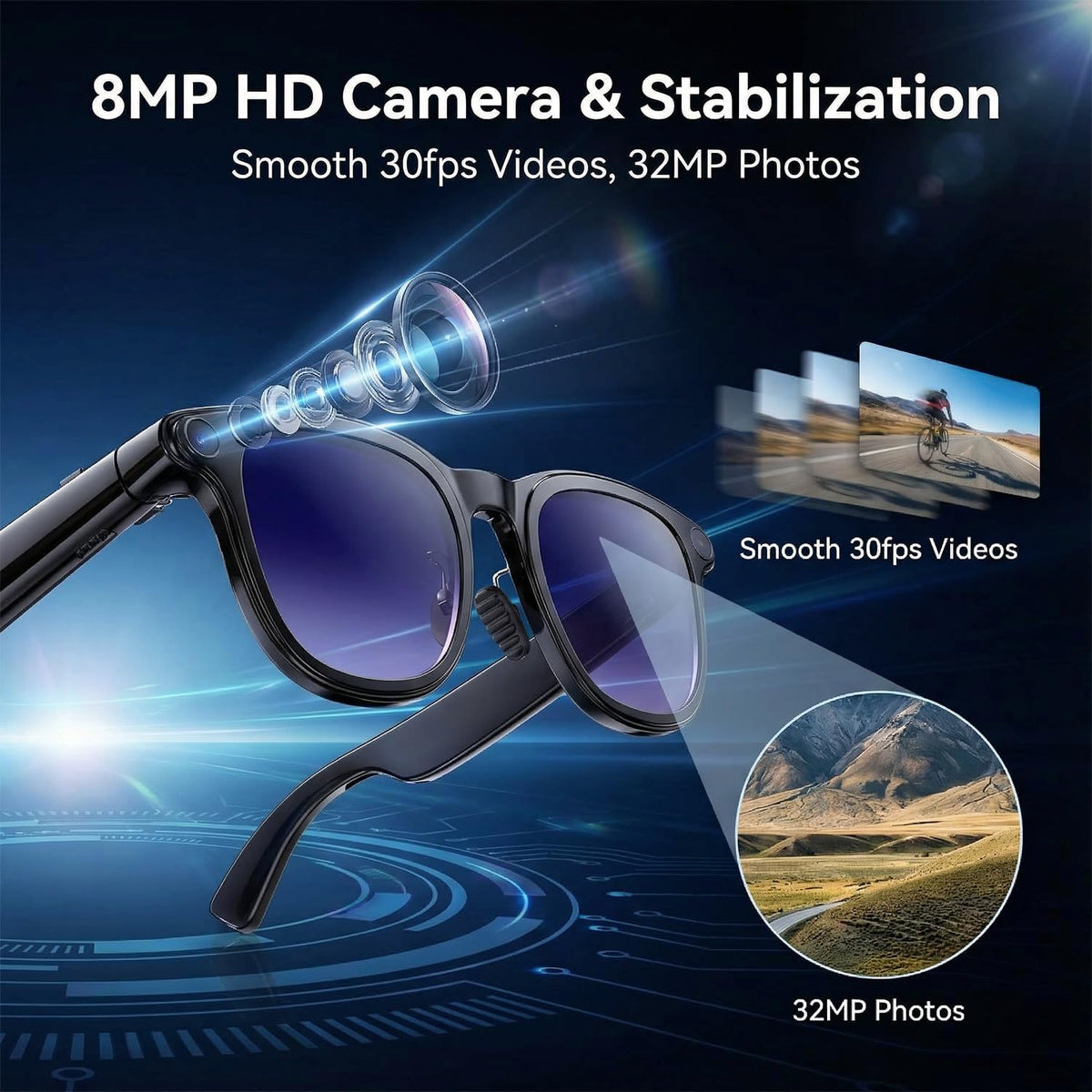 AI Smart Glasses with Camera, 8MP HD Bluetooth Camera Glasses, 1080P Video Recording, Sunglasses for Women Men || نظارات ذكية مزودة بكاميرا تعمل بالذكاء الاصطناعي، نظارات بلوتوث بدقة 8 ميجابكسل (HD) وتسجيل فيديو بدقة 1080P، مناسبة للرجال والنساء