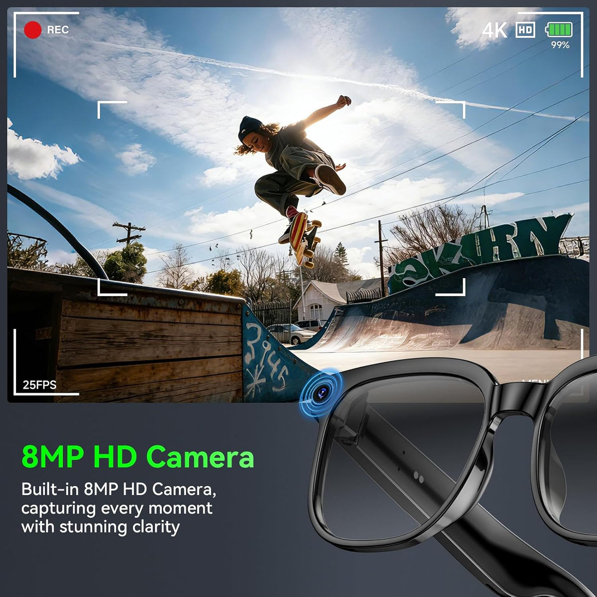 AI Smart Glasses with Camera, 8MP HD Bluetooth Camera Glasses, 1080P Video Recording, Sunglasses for Women Men || نظارات ذكية مزودة بكاميرا تعمل بالذكاء الاصطناعي، نظارات بلوتوث بدقة 8 ميجابكسل (HD) وتسجيل فيديو بدقة 1080P، مناسبة للرجال والنساء